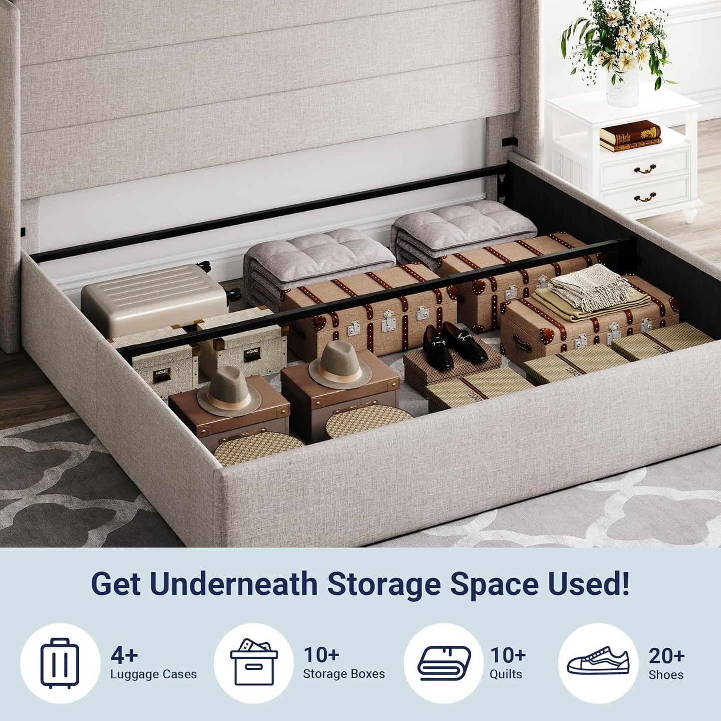 Allewie Queen Size Lift Up Storage Bed, Modern Wingback Headboard, Hydraulic Support, No Box Spring Needed, Light Beige