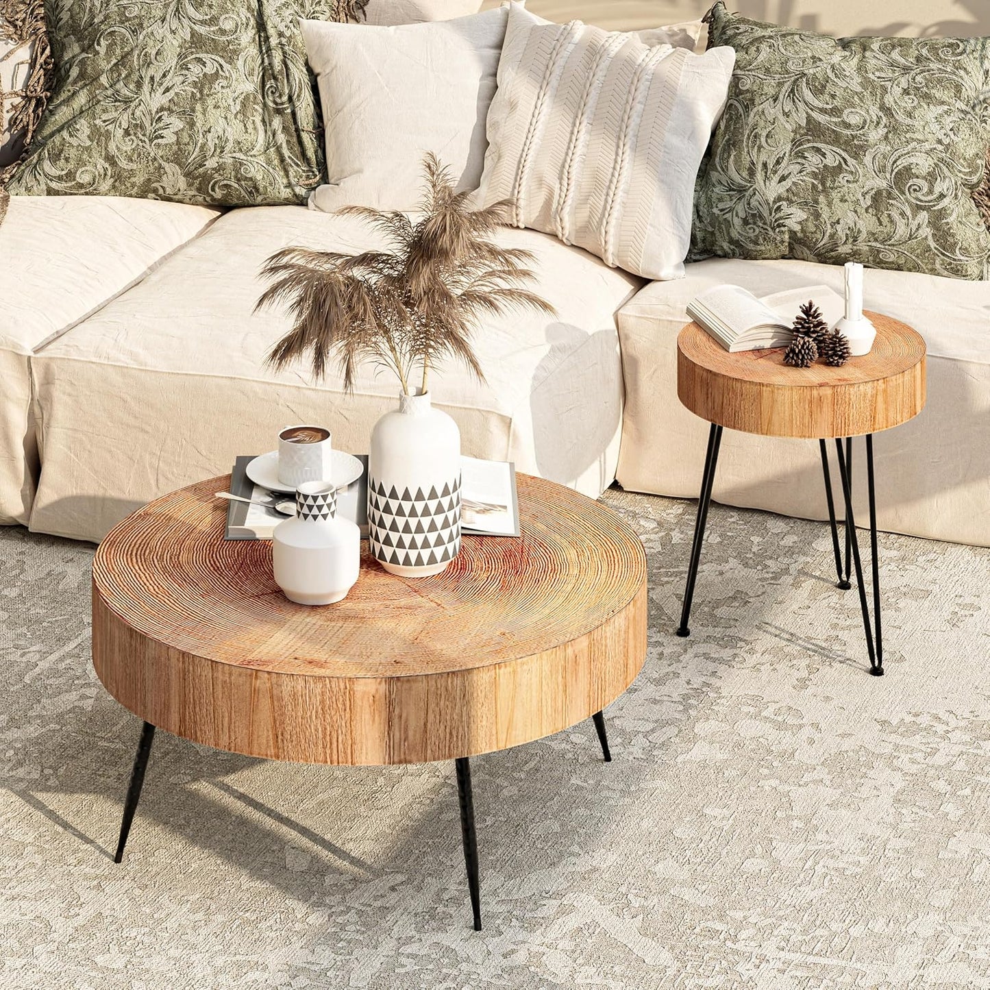 Two-Piece Modern Farmhouse Living Room Coffee Table Set, Round Nesting Tables