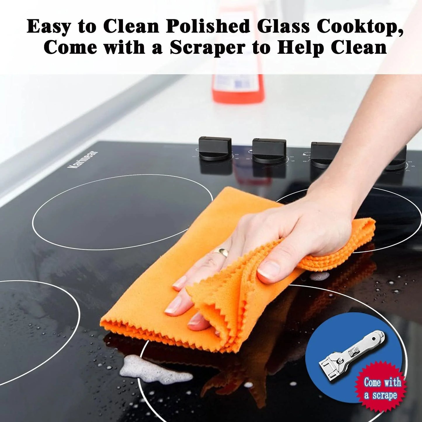 Karinear 30 Inch Electric Cooktop 4 Burners, Knob Control Built-in Ceramic Cooktop, 30" Radiant Electric Stove Top with Glass Protection Metal Frame,Hot Surface Indicator, 220-240v, Hard Wire, No Plug