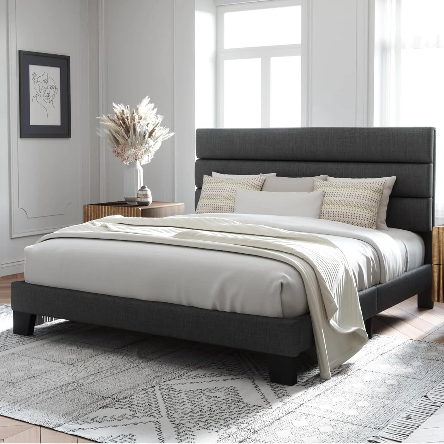 Allewie Queen Size Platform Bed Frame with Fabric Upholstered Headboard and Wooden Slats Support, Fully Upholstered Mattress Foundation/No Box Spring Needed