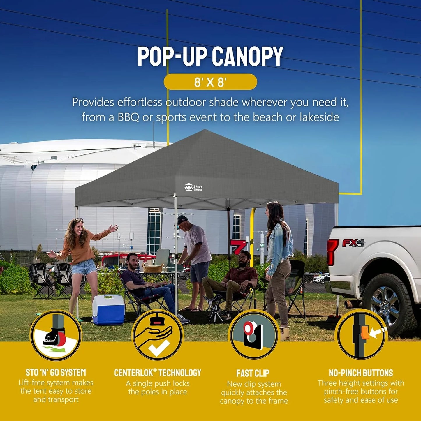 10x10 Pop-Up Awning - One-Click Installation Beach Tent - Outdoor Sunshade Silver Coated Top, 3 Heights and 4 Sand Pockets