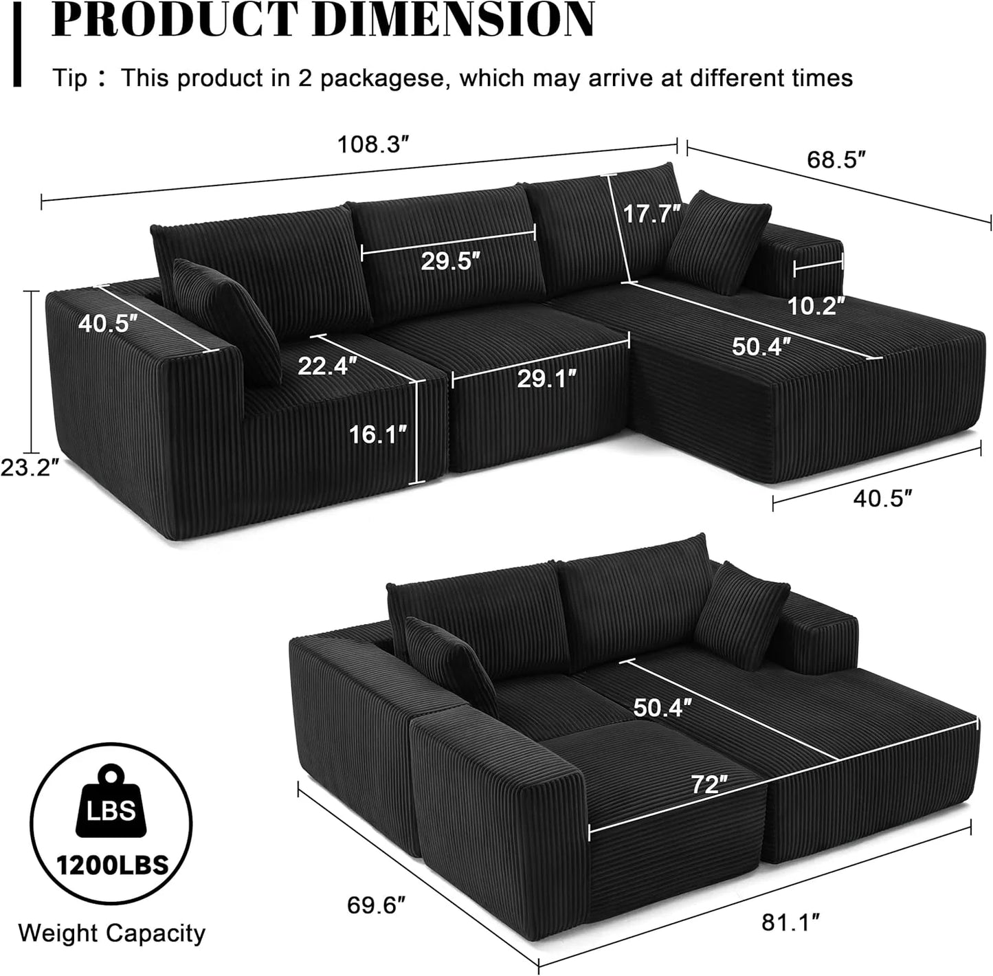 108 inch sectional sofa, cloud sectional sofa with deep seat, modern sectional L shaped sofa