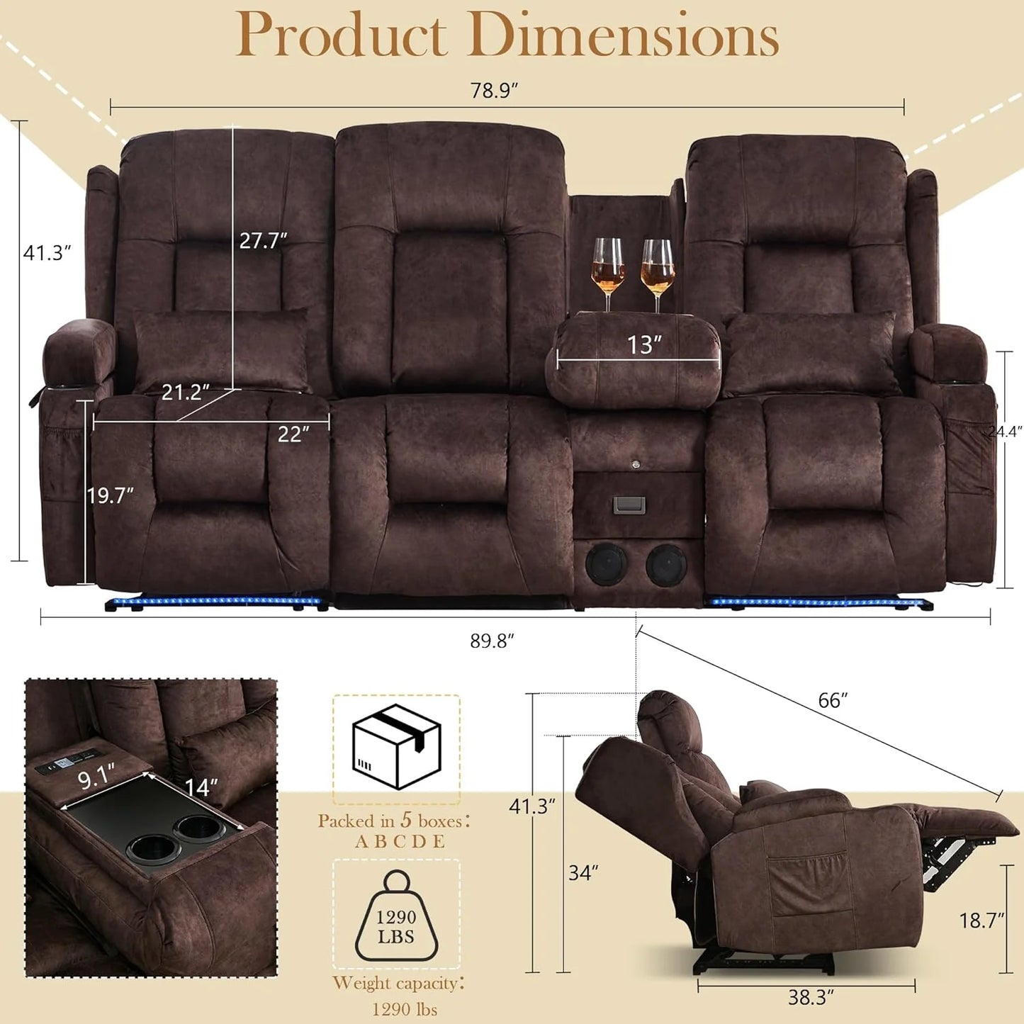 TUNYI Power Loveseat Recliner Sofa with Massage & Heat Home Theater Seating with Console Electric Recliner RV Sofa with USB/Outlet/Storage/Side Pocket/LED Light/Speaker (Brown, Loveseat)