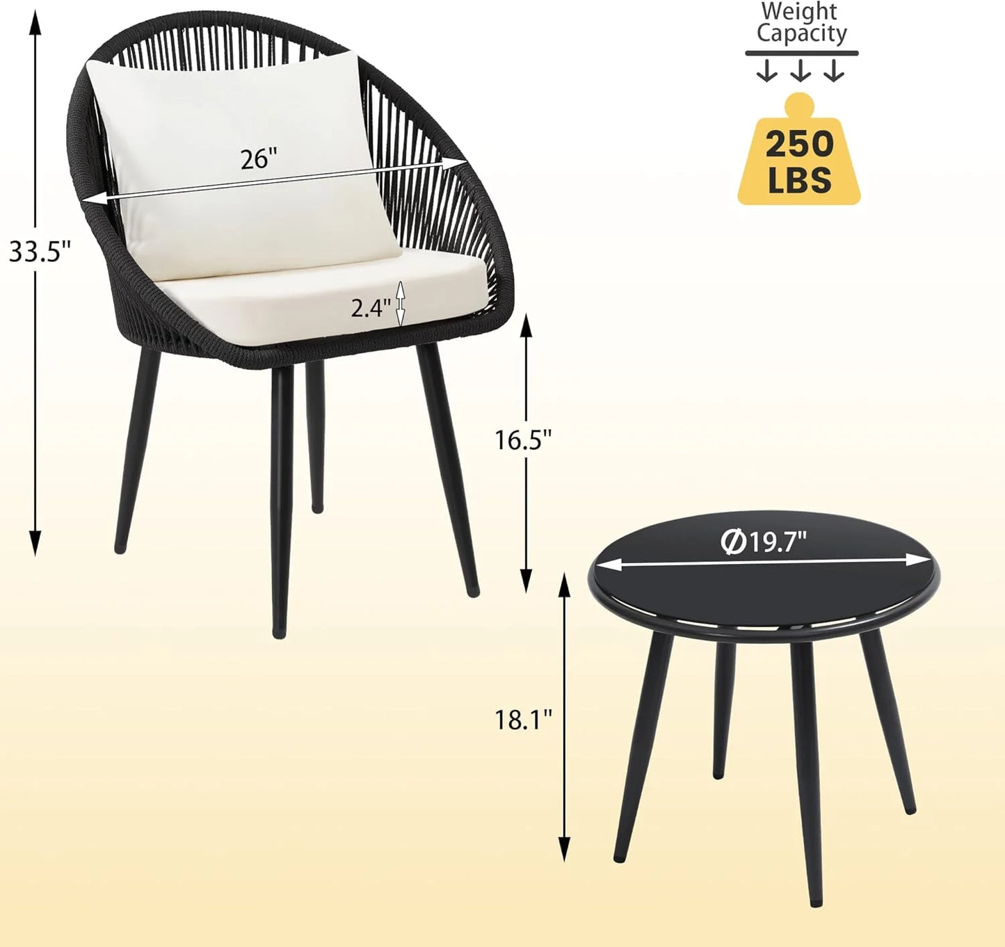 3 Piece Bistro Set, Woven Rope Chair with Cushions, All Weather Patio Conversation Set with Side Table, Ideal for Deck, Balcony, Poolside, Black