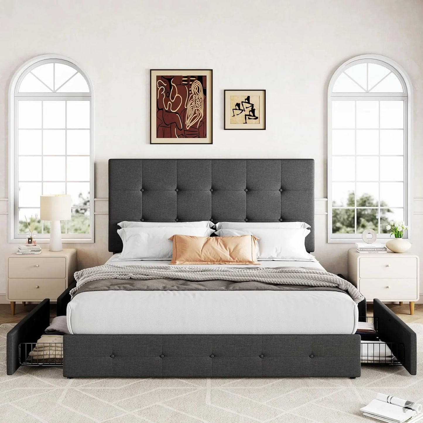 Allewie Upholstered Queen Size Platform Bed Frame with 4 Storage Drawers and Headboard, Square Stitched Button Tufted, Mattress Foundation with Wooden Slats Support, No Box Spring Needed