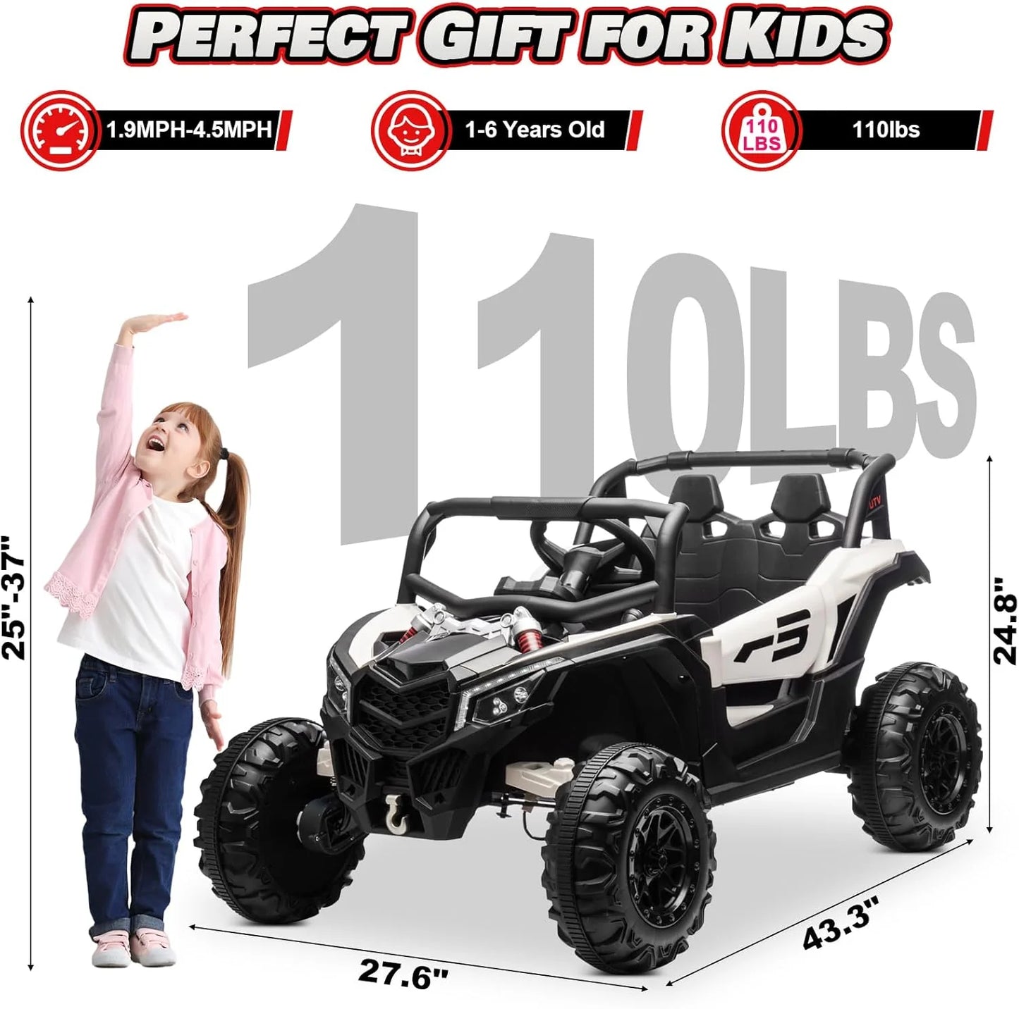 JOYRACER Kids Remote Control Car with 4 x 150W Motors, Shock Absorbers, Bluetooth, MP3 Player, and Headlights
