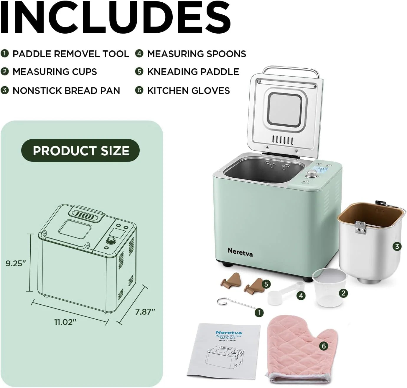 Neretva Bread Maker, 20-in-1 2LB Bread Maker Dual Heater Bread Maker Automatic with Non-Stick Ceramic Pan