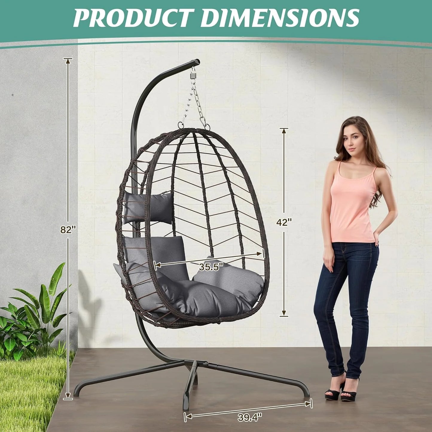 Hanging Egg Chair with Stand, Swinging Egg Chair Outdoor Indoor, Hanging Basket Chair with Cushion, Patio Wicker Hammock Chair 350lbs Capacity for Bedroom, Balcony, Backyard, Garden (Grey)