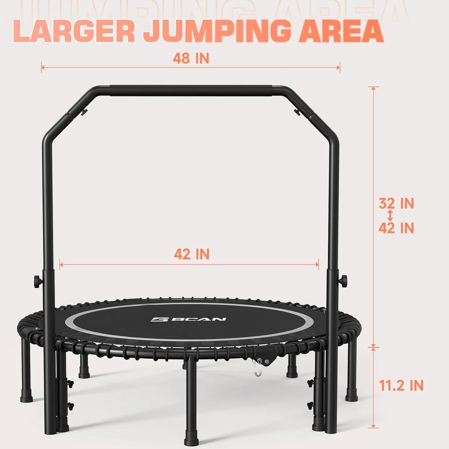BCAN 450/550 LBS Foldable Mini Trampoline, 40"/48" Fitness Trampoline with Bungees, U Shape Adjustable Foam Handle, Stable & Quiet Exercise Rebounder for Adults Indoor/Outdoor Workout