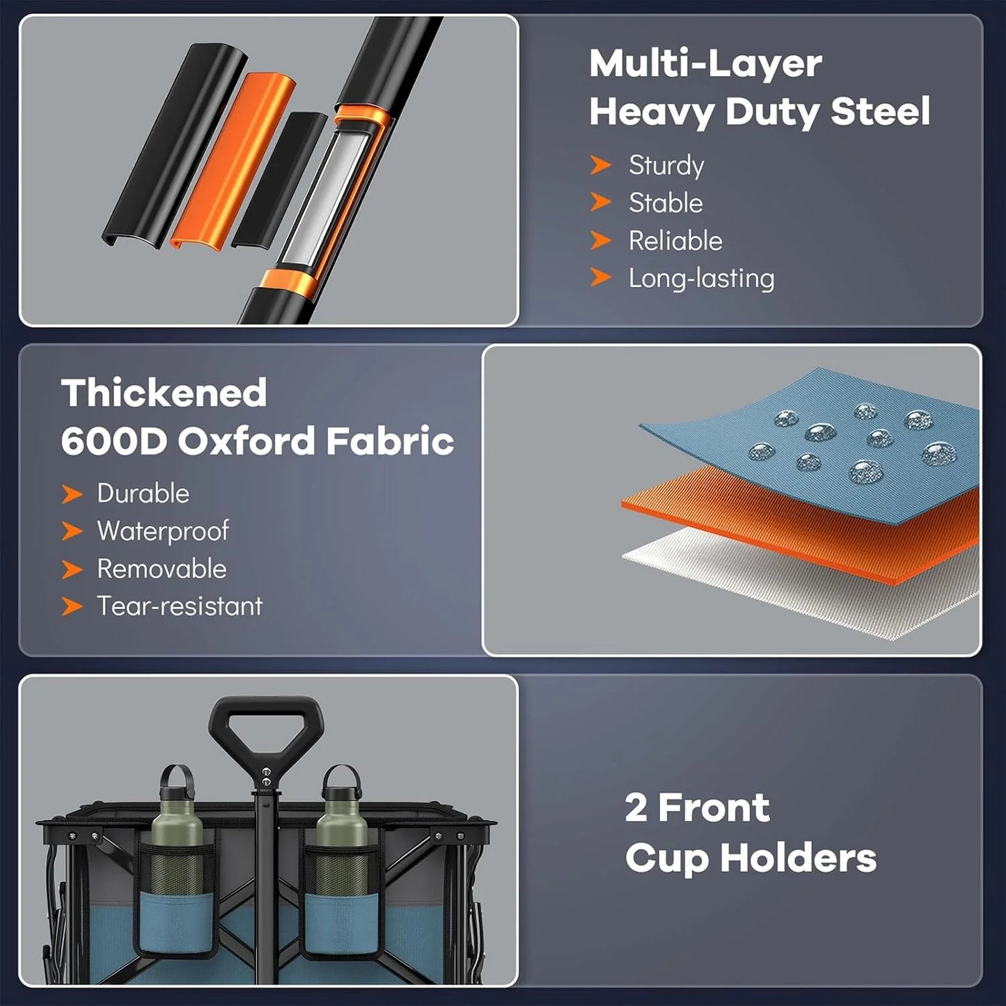 38" long foldable four-wheel stroller, foldable, 460 lb capacity, 220 liter heavy-duty folding beach stroller with large all-terrain tires