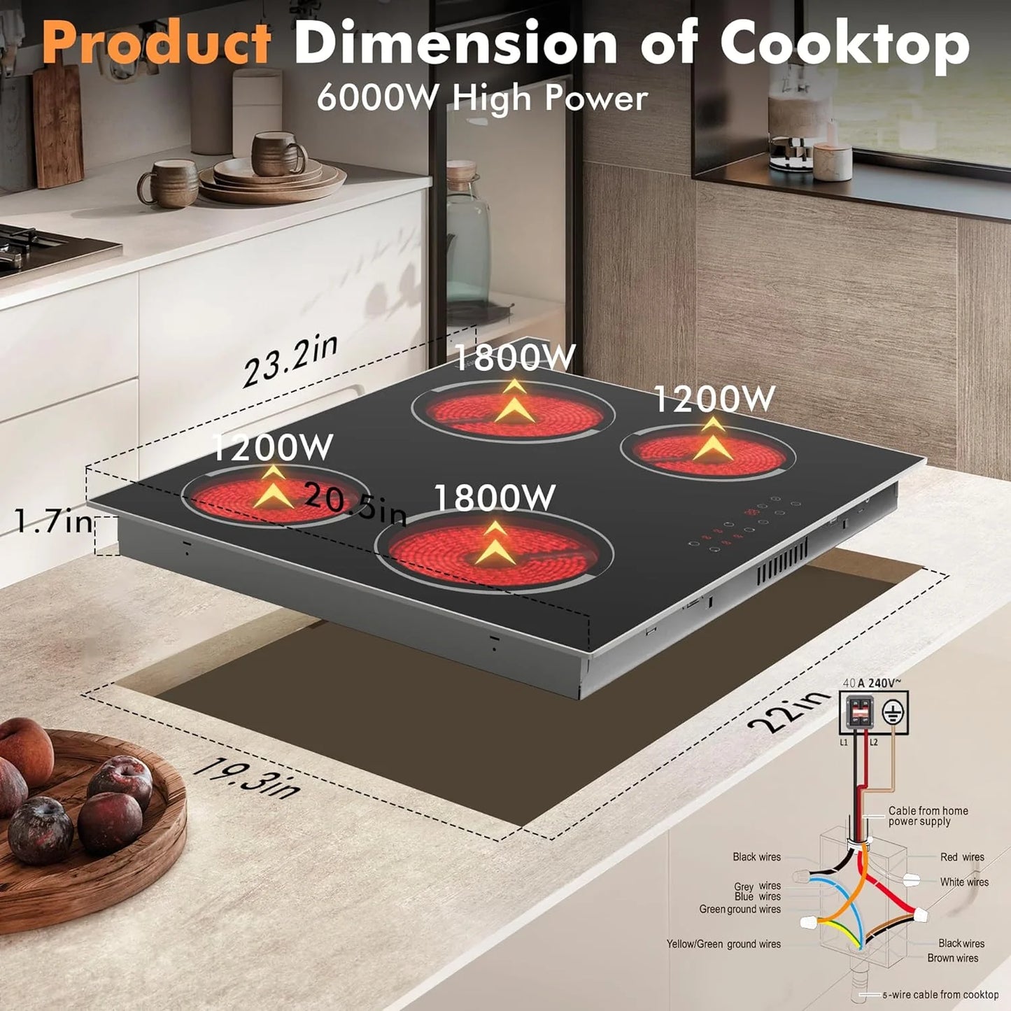 Electric Cooktop 30 Inch - 5 Burners Built-in Ceramic Cooktop, 30" Electric Stove Top with Glass Protection Metal Frame, 9 Heating Level, 8400W, 220-240V for Hard Wire(No Plug)