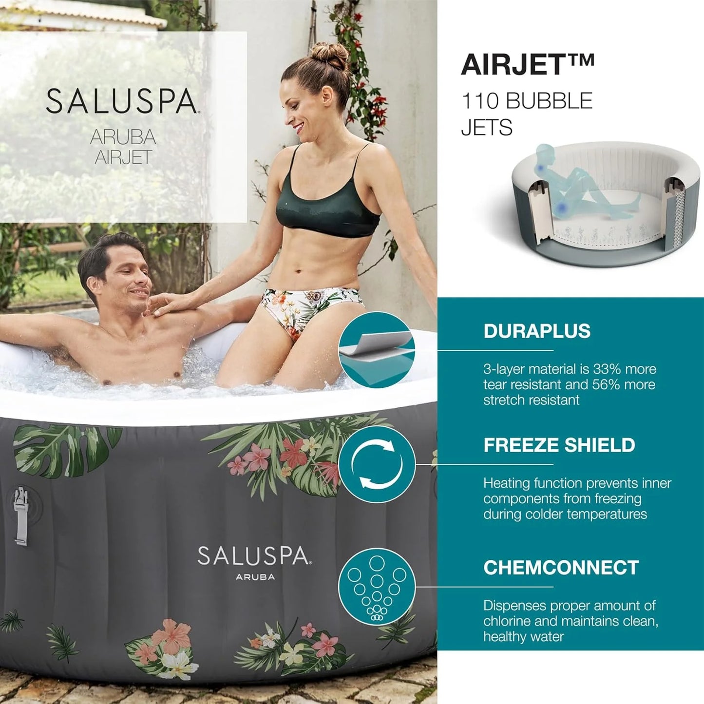 SaluSpa Aruba AirJet Large Round 2 to 3 Person Inflatable Hot Tub Portable Outdoor Spa with 110 AirJets and EnergySense Cover, Grey