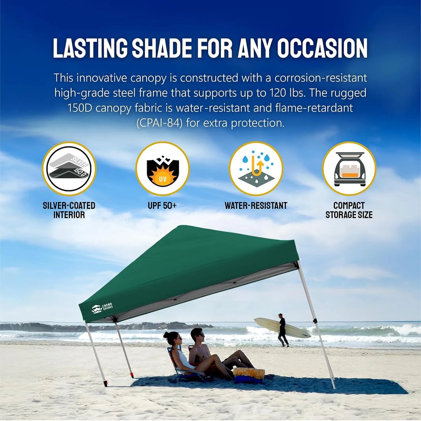 10x10 Pop-Up Awning - One-Click Installation Beach Tent - Outdoor Sunshade Silver Coated Top, 3 Heights and 4 Sand Pockets