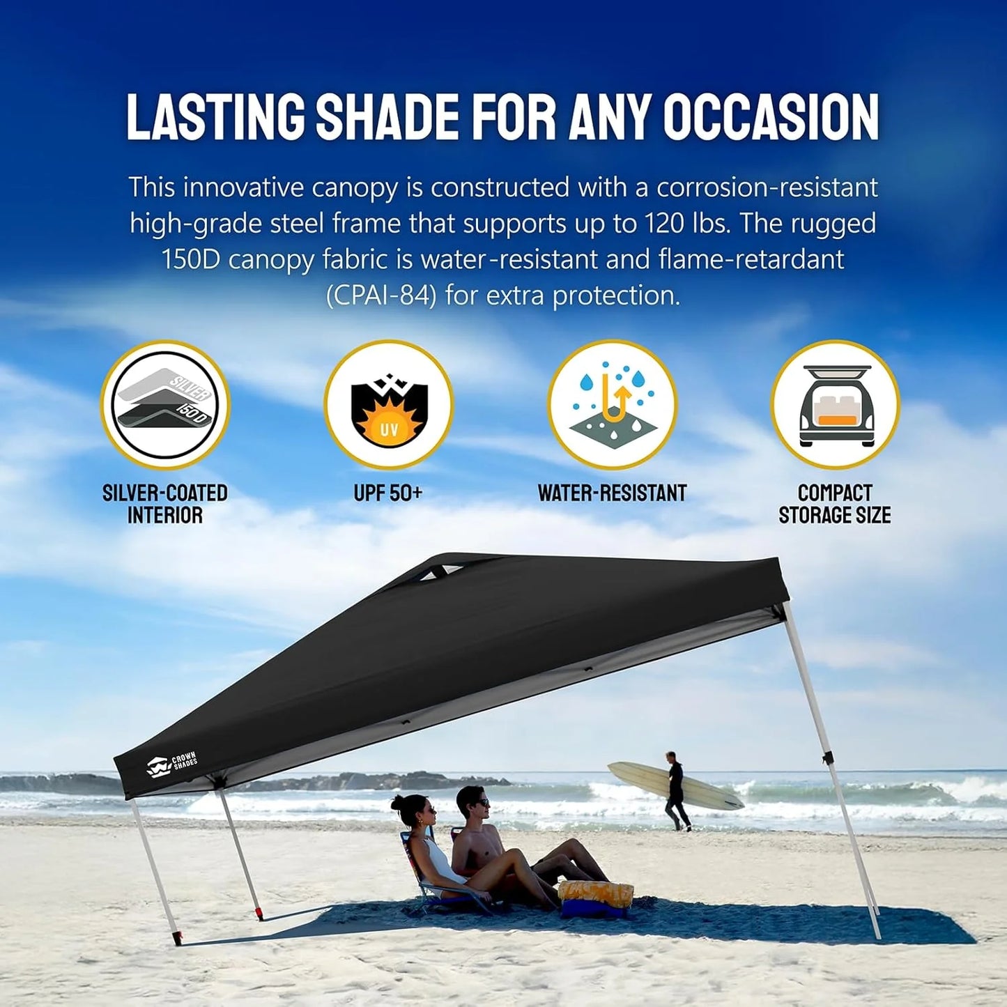 10x10 Pop-Up Awning - One-Click Installation Beach Tent - Outdoor Sunshade Silver Coated Top, 3 Heights and 4 Sand Pockets