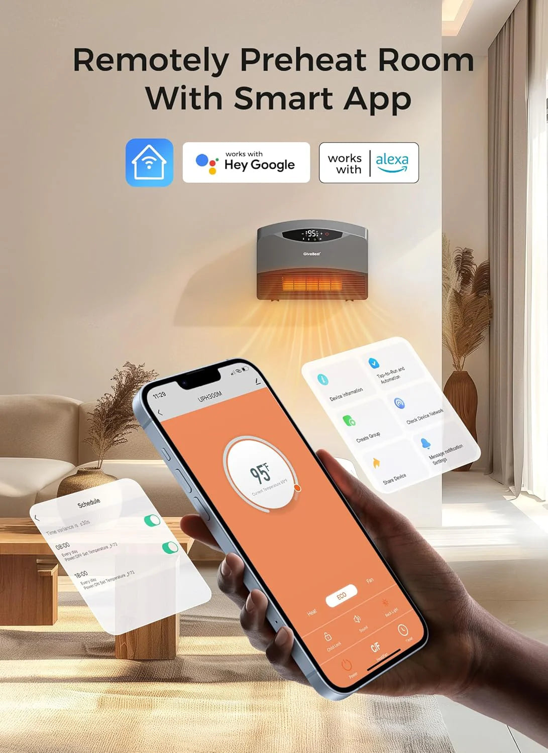 Wall mounted electric heater with WiFi and remote control, floor standing heater 1500W fast coverage for large rooms