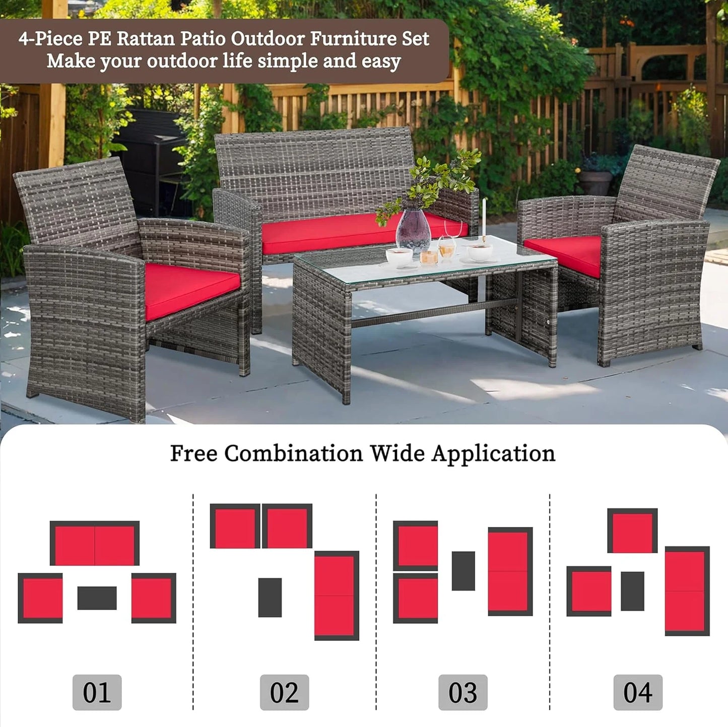 Shintenchi 4 Piece Patio Ratten Set Outdoor Furniture Set Wicker Conversation Set