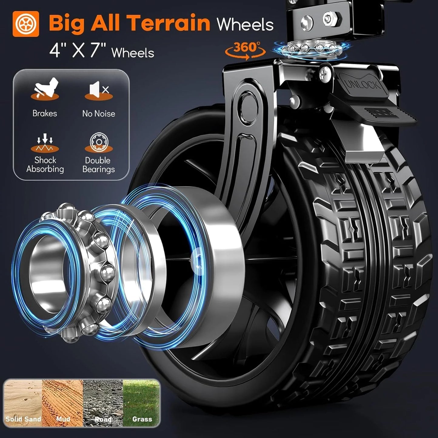 38" long foldable four-wheel stroller, foldable, 460 lb capacity, 220 liter heavy-duty folding beach stroller with large all-terrain tires