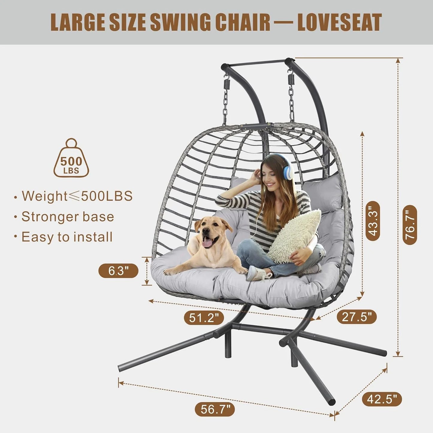 HWB Hanging Egg Chair with Stand, Patio Wicker Hammock Egg Swing Chair with Cushion for Bedroom Garden Indoor Outdoor (Beige)