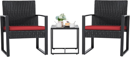 Flamaker 3 Pieces Patio Set Outdoor Wicker Furniture Sets Modern Rattan Chair Conversation Sets with Coffee Table for Yard and Bistro (Black)