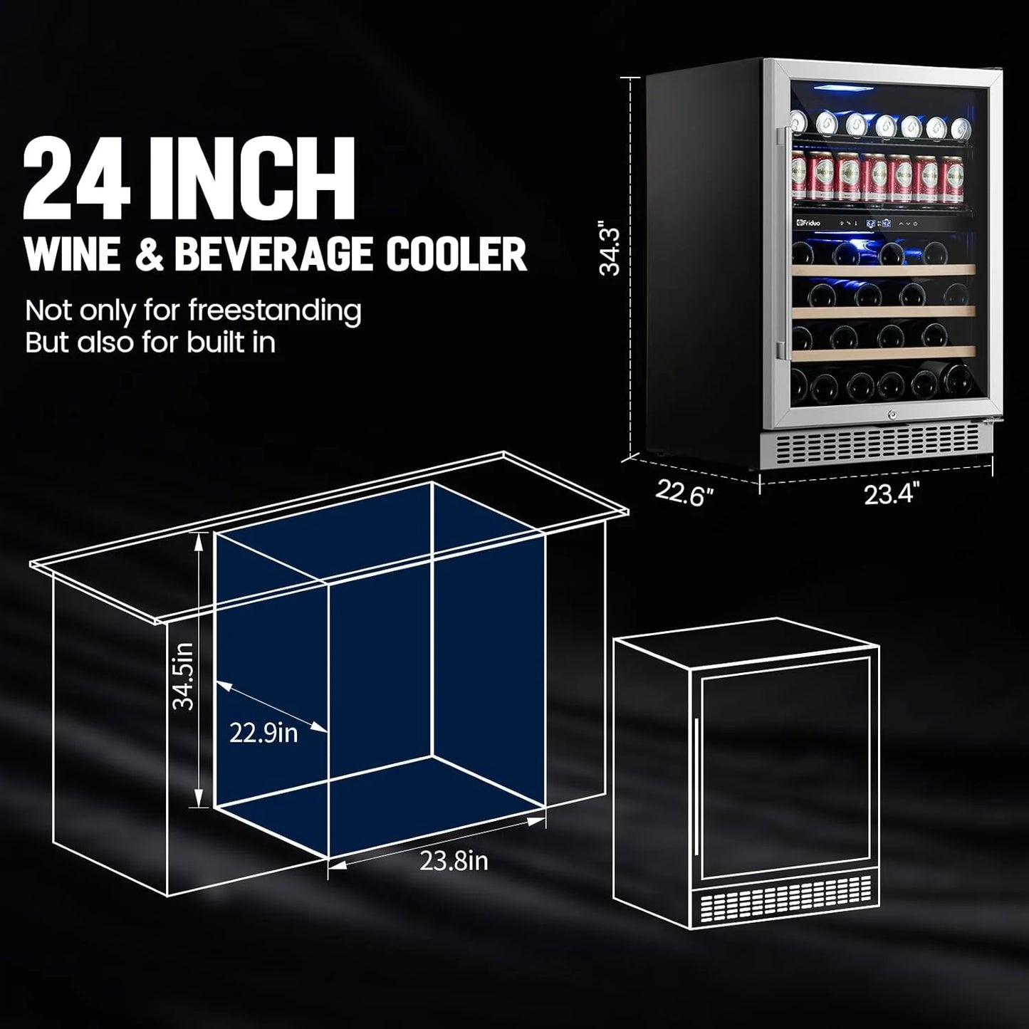 24 inch Dual Zone Beverage Refrigerator, 30 Bottles & 82 Cans Wine Fridge Built-in or Freestanding with Glass Door, Wine and Beverage Refrigerator Cooler for Kitchen Home Bar