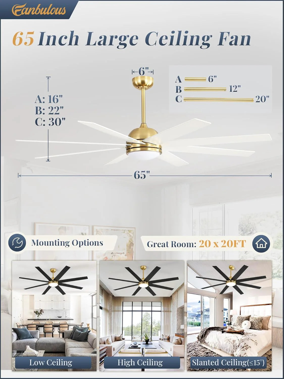 Ceiling Fan Indoor/Outdoor 8 Blades 65 inches