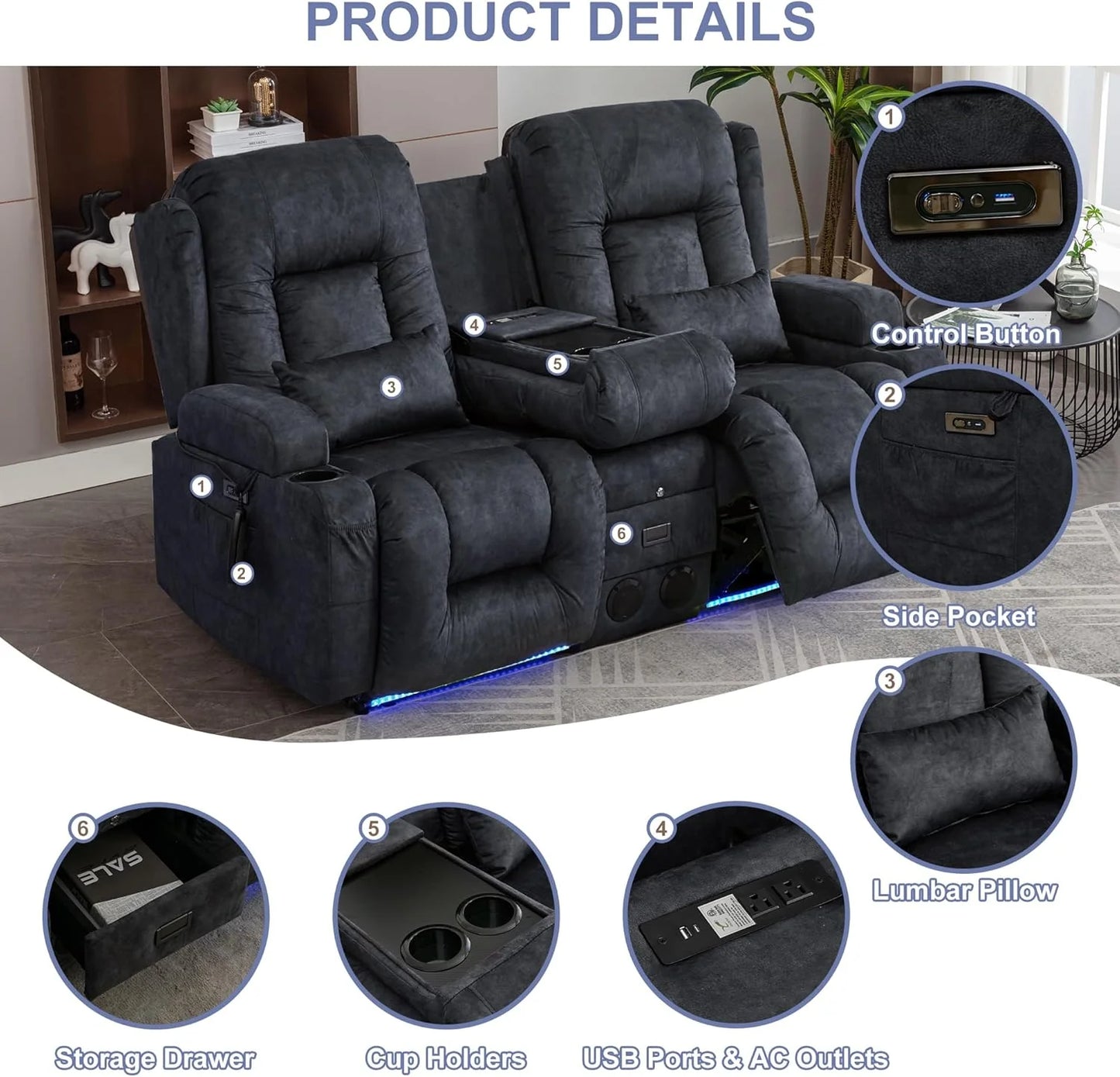 TUNYI Power Loveseat Recliner Sofa with Massage & Heat Home Theater Seating with Console Electric Recliner RV Sofa with USB/Outlet/Storage/Side Pocket/LED Light/Speaker (Brown, Loveseat)