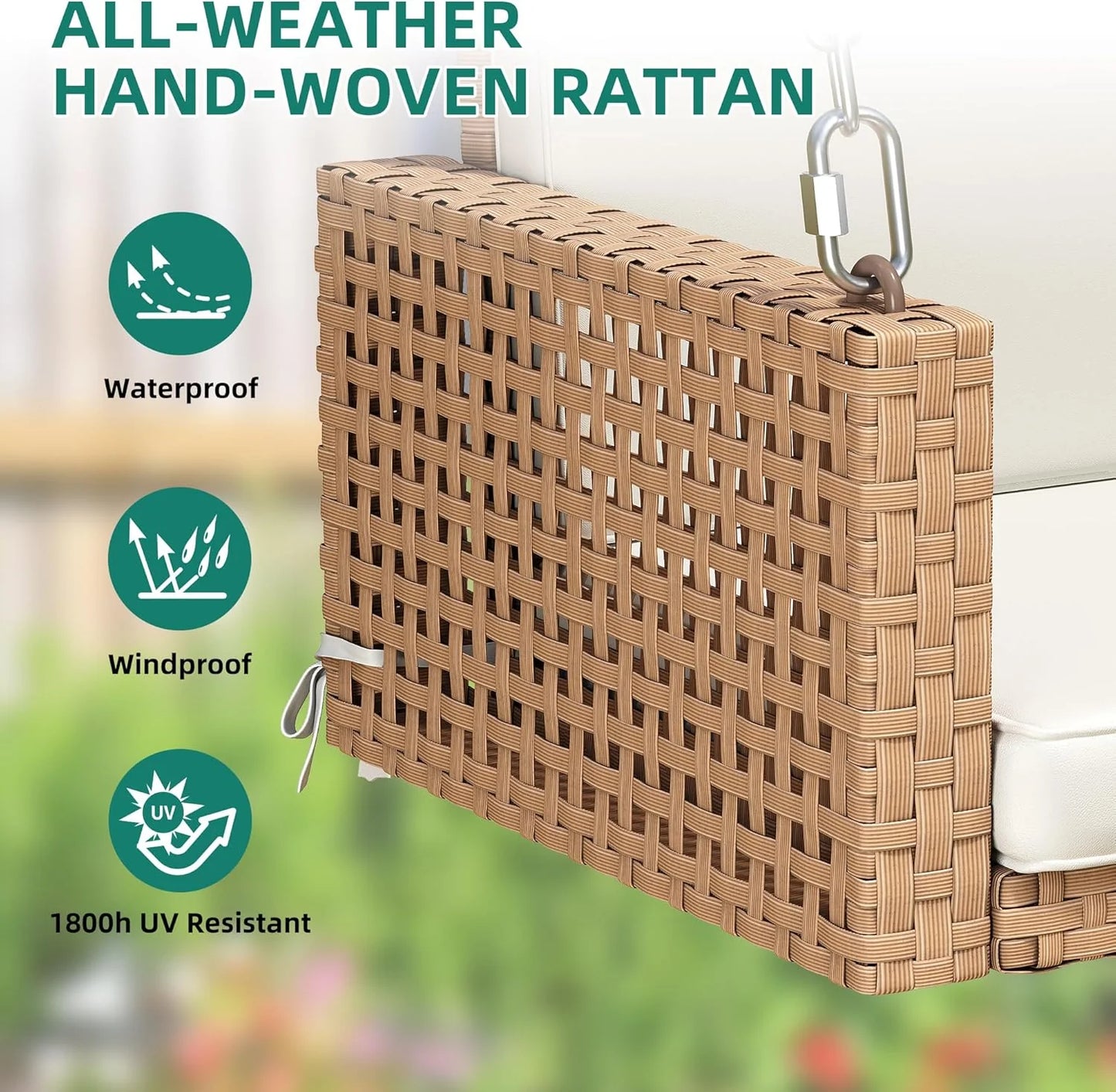 YITAHOME Hanging Porch Swing Chair Sits 3 People, Wicker Outdoor Swing Bench, Patio Lounge Chair, 1 Seating Cushion and 3 Back Cushions, w/Removable Covers, for Garden, Balcony, Backyard, Brown