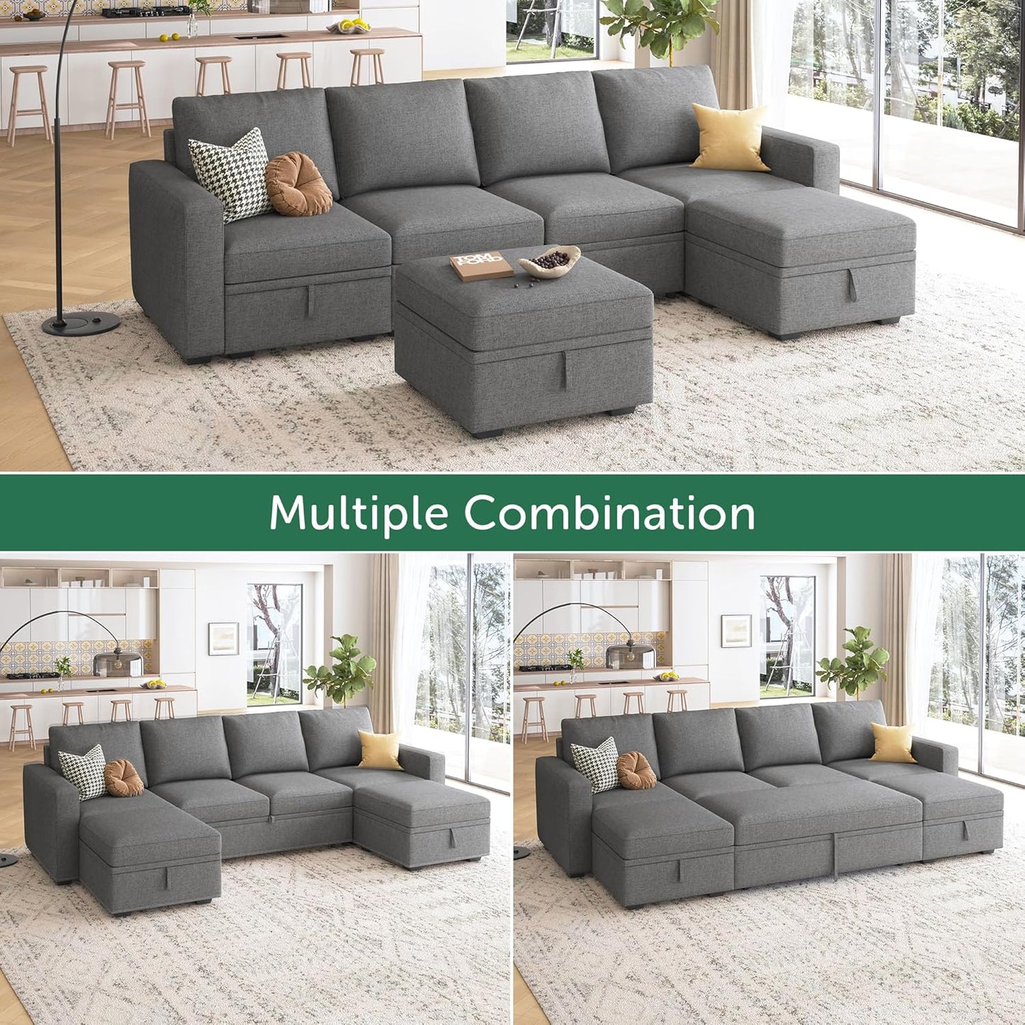 HONBAY Modular Sectional Sleeper Sofa with Pull Out Bed, L Shaped Couch with Storage Seat, Convertible Sectional Couches for Living Room