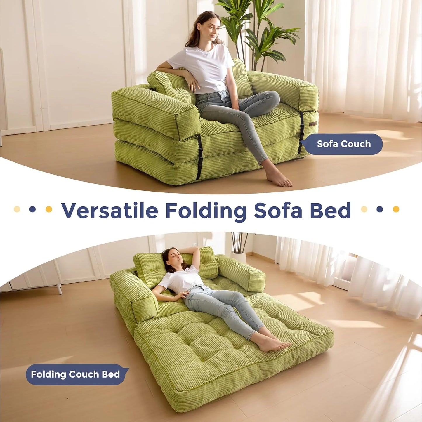 Folding Sofa Bed, L-Shaped Convertible Sofa Bed with Armrests and Pillows,