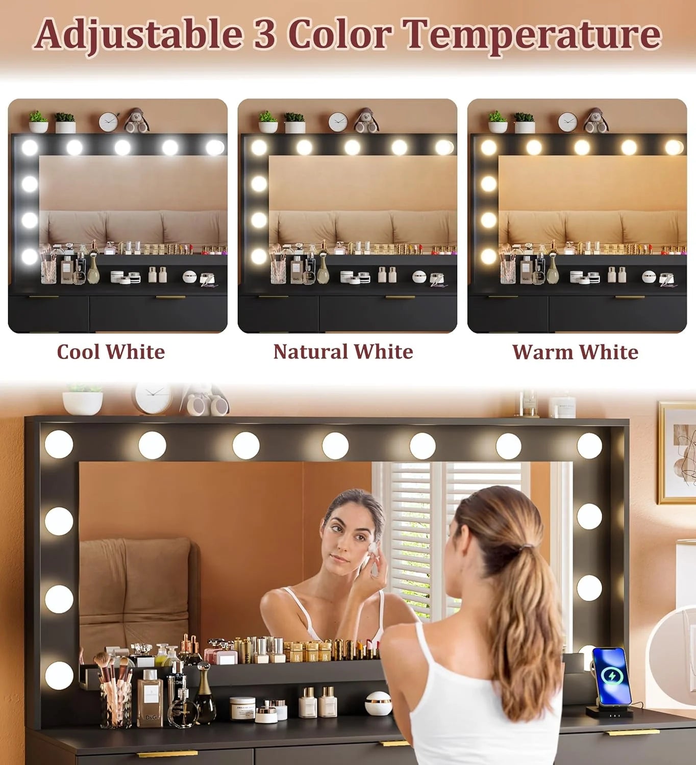 Vanity Desk with Mirror and Lights 39.3in Makeup Vanity with Large Mirror