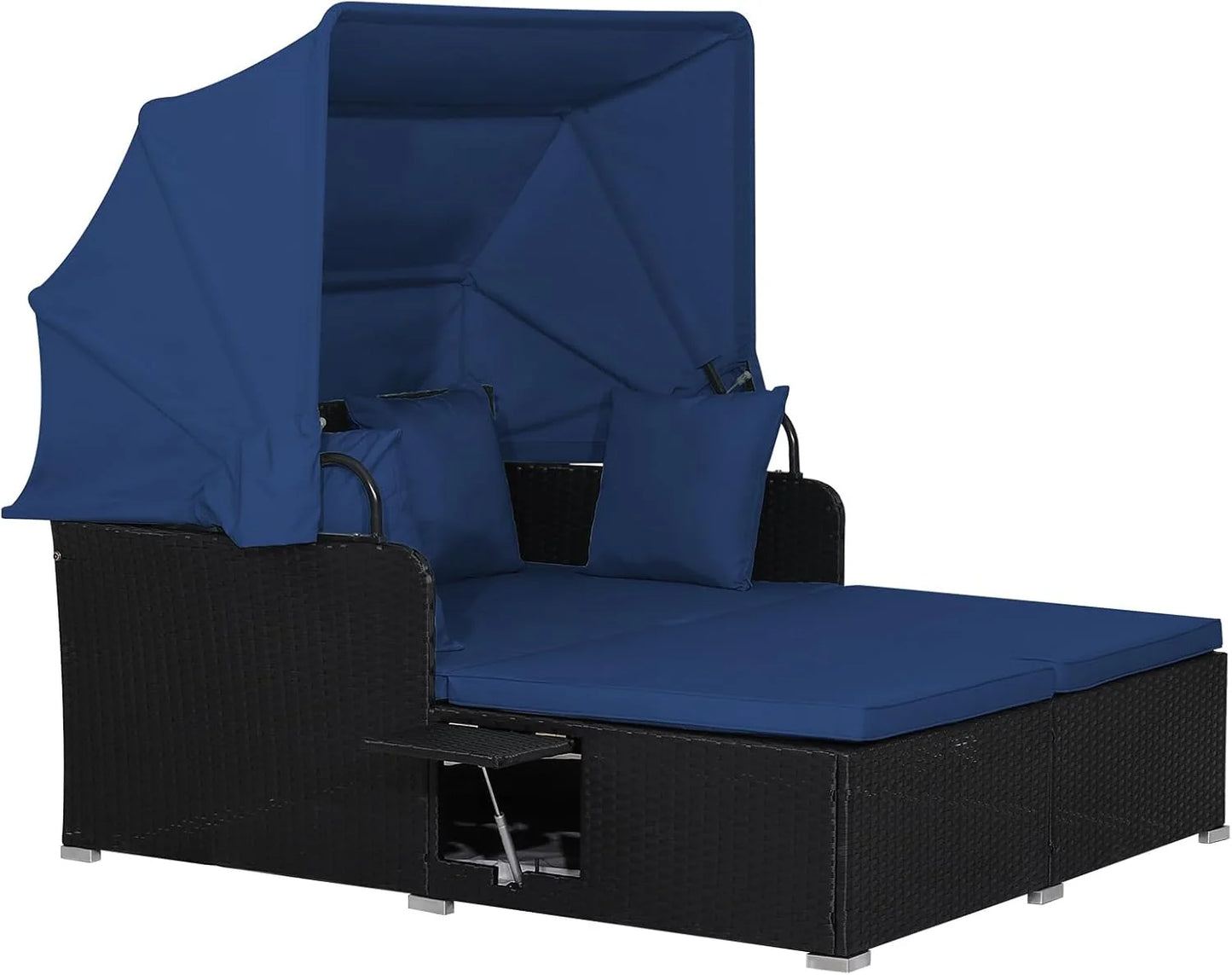 RELAX4LIFE Patio Outdoor Daybed with Canopy, Wicker Sunbed w/Cushions, 4 Pillows & 2 Retractable Side Trays, 2-Person Lounge Bed Conversation for Poolside Porch Garden, Rattan Outdoor Bed (Turquoise)