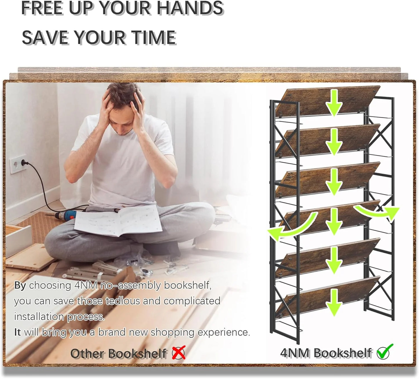 5 Tiers No Assembly Book Shelves 51.2" H Folding Bookshelf Bookcase