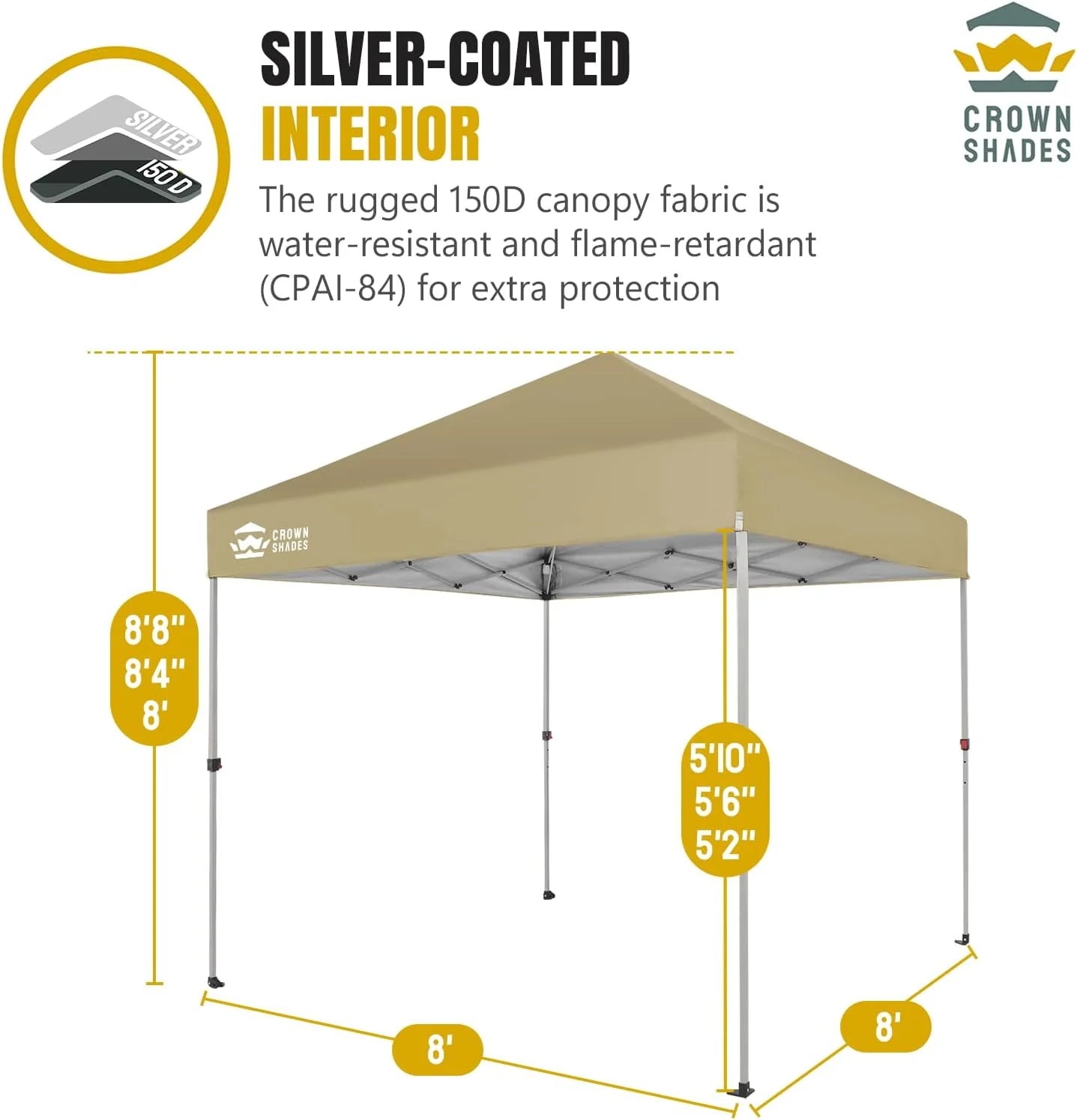 10x10 Pop-Up Awning - One-Click Installation Beach Tent - Outdoor Sunshade Silver Coated Top, 3 Heights and 4 Sand Pockets