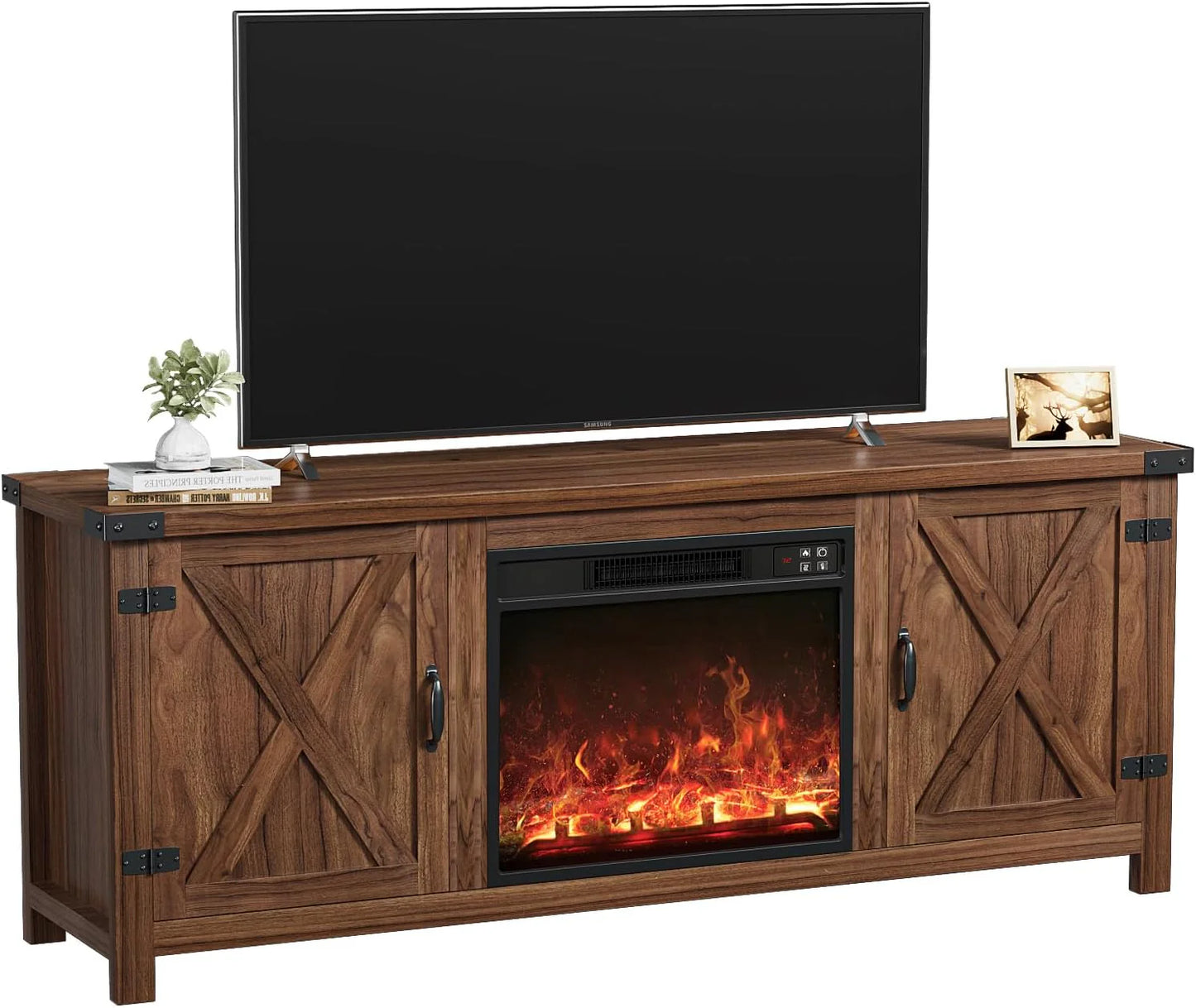 YESHOMY Fireplace TV Stand with Two Barn Doors and Storage Cabinets for Televisions up to 65+ Inch, Entertainment Center Console Table, Media Furniture for Living Room, 58 Inch