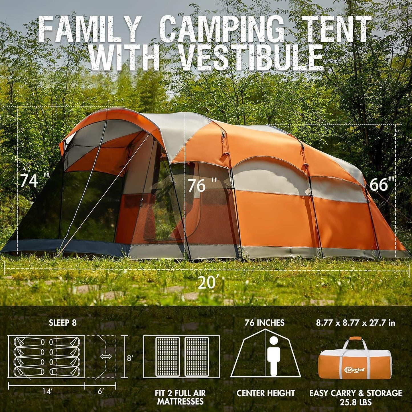 PORTAL 6/8/10 Person Family Camping Tent with Screen Room, Water Resistant Big Tunnel Tent with Rainfly, Large Family Tent for Outdoor Camping, Party