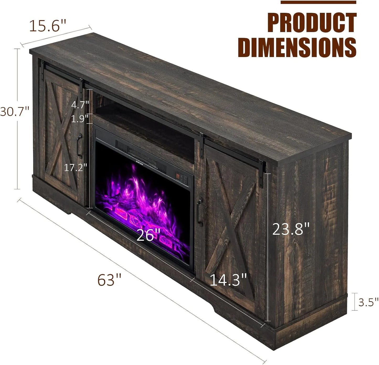 AMERLIFE Fireplace TV Stand with Sliding Barn Door for TVs up to 73", Farmhouse 63" Fireplace Entertainment Center with Storage Cabinets/Adjustable Shelves