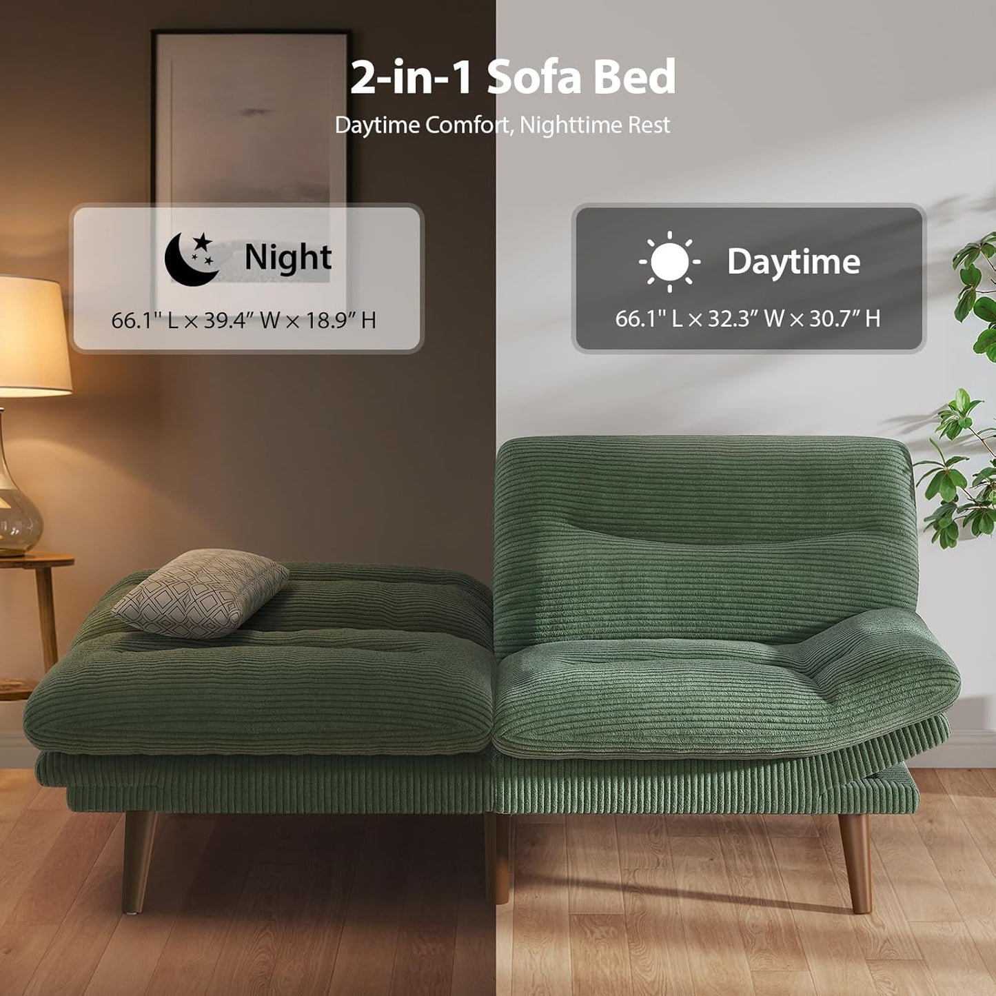 Convertible Futon Sofa Bed, 66 Inch Corduroy Futon Sofa Recliner Sofa Bed for Small Spaces, Playrooms or Offices