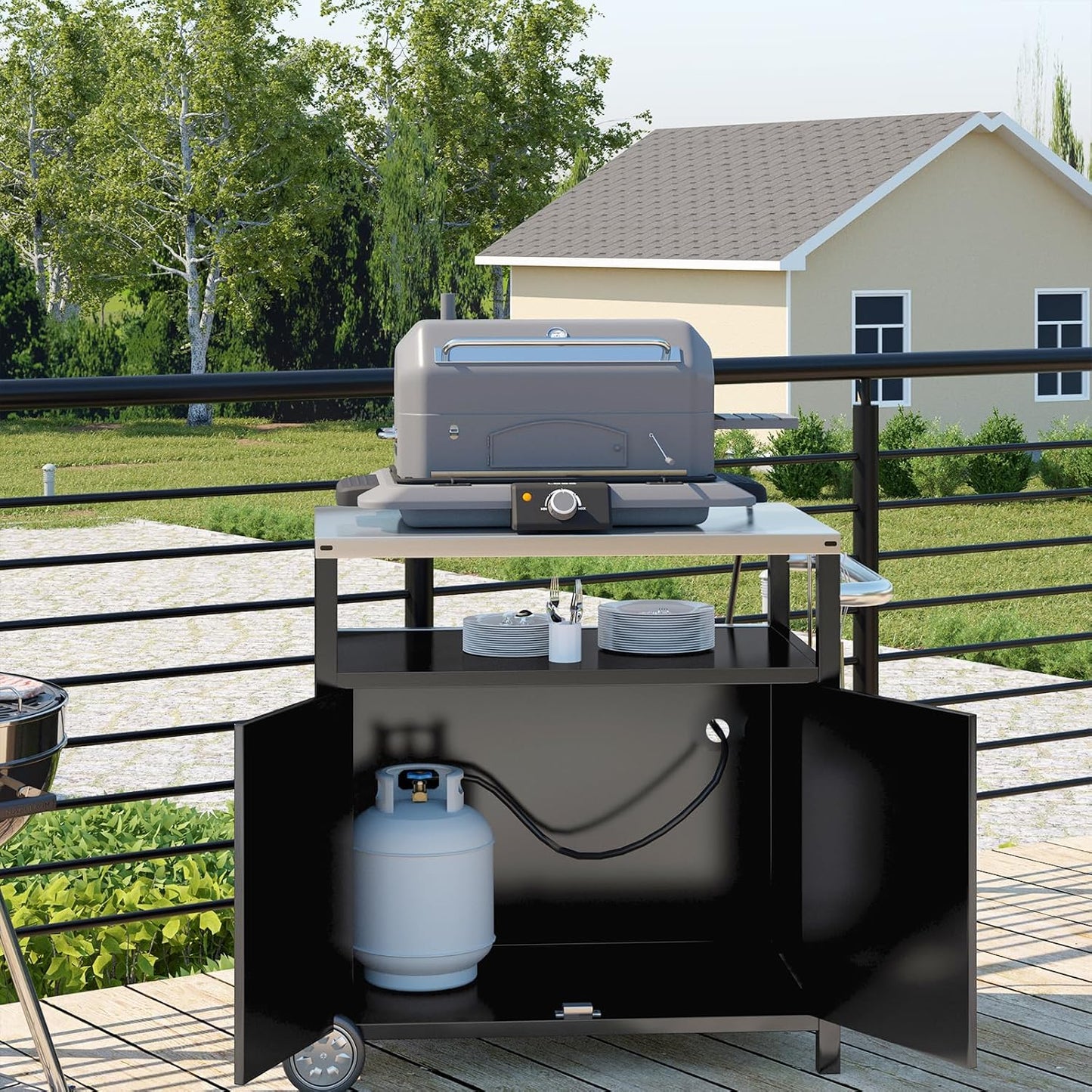 Stainless Steel Outdoor Grill Cart Pizza Oven Stand Trolley Table with Wheels Three-Shelf Movable Food Prep and Work Table Heavy Duty Grill Carts Outdoor Cart 31.5"×24"×35.5"