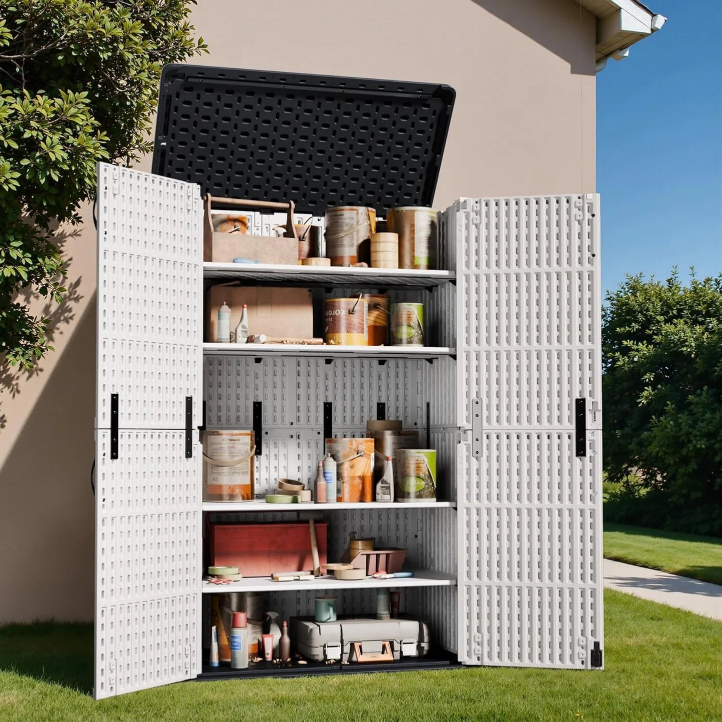 Greesum Outdoor Horizontal Storage Shed 27 Cu.ft Resin Large Storage Box for Garden, Patio, Backyard