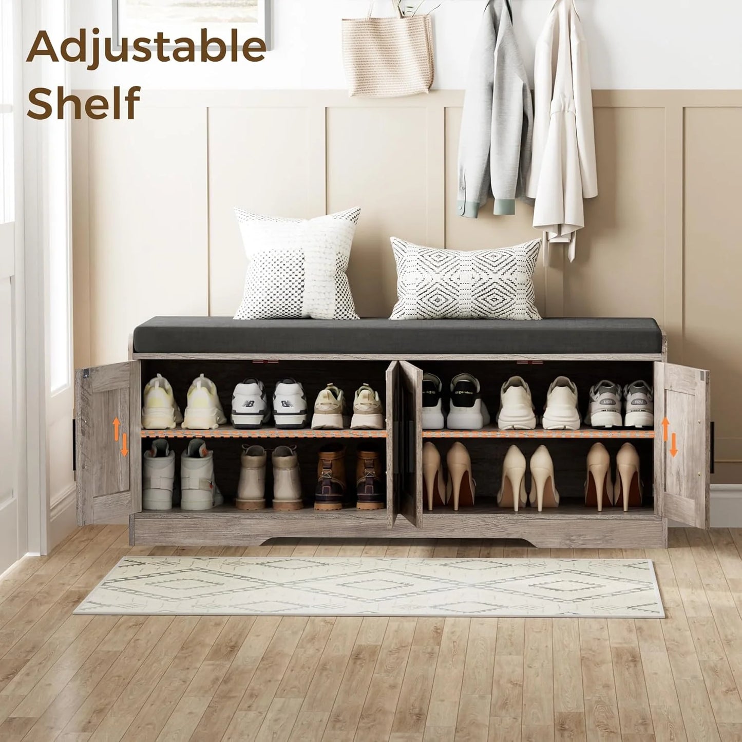 2-Tier Storage Bench, Shoe Bench with Thickened Padded Seat Cushion, Entryway Bench with 4 Doors, Adjustable Shelf