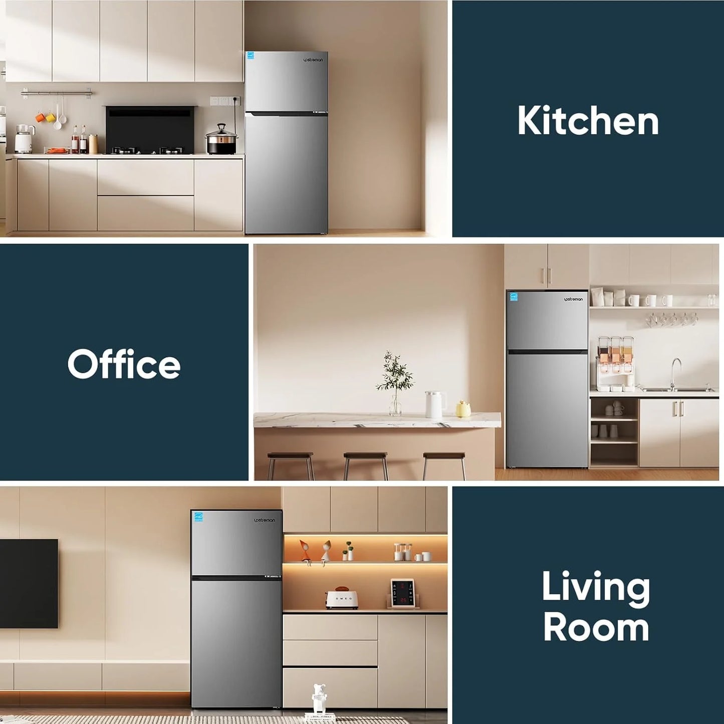 Upstreman 7.7 Cu.Ft. Refrigerator with Freezer, Double Door, Adjustable Thermostat, Large Capacity, Reversible Door Swing, Refrigerator for Apartment, Office, Dorm, Stainless (BD75)