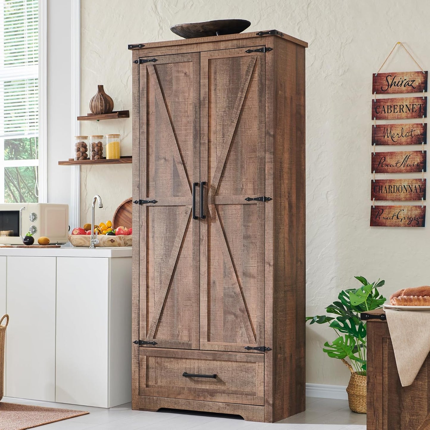 JXQTLINGMU Farmhouse Kitchen Pantry - 72" Tall Wood Kitchen Storage Cabinet with Adjustable Shelves and 2 Barn-Style Doors and Drawers