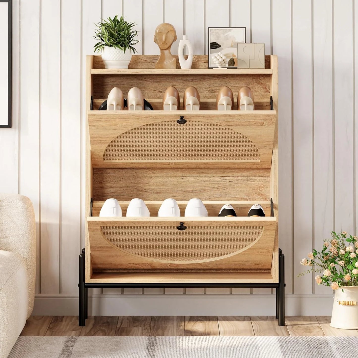IRONCK Shoe Cabinet Storage with 2 Flip Drawers, Free Standing Wooden Shoe Storage Organizer Cabinet with Rattan Doors for Entryway, Narrow Shoe Rack Cabinet, Oak