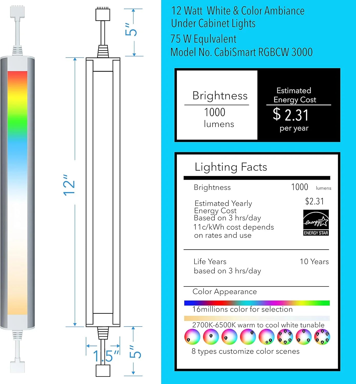 Smart under-cabinet lighting strip, white and color-changing dimmable