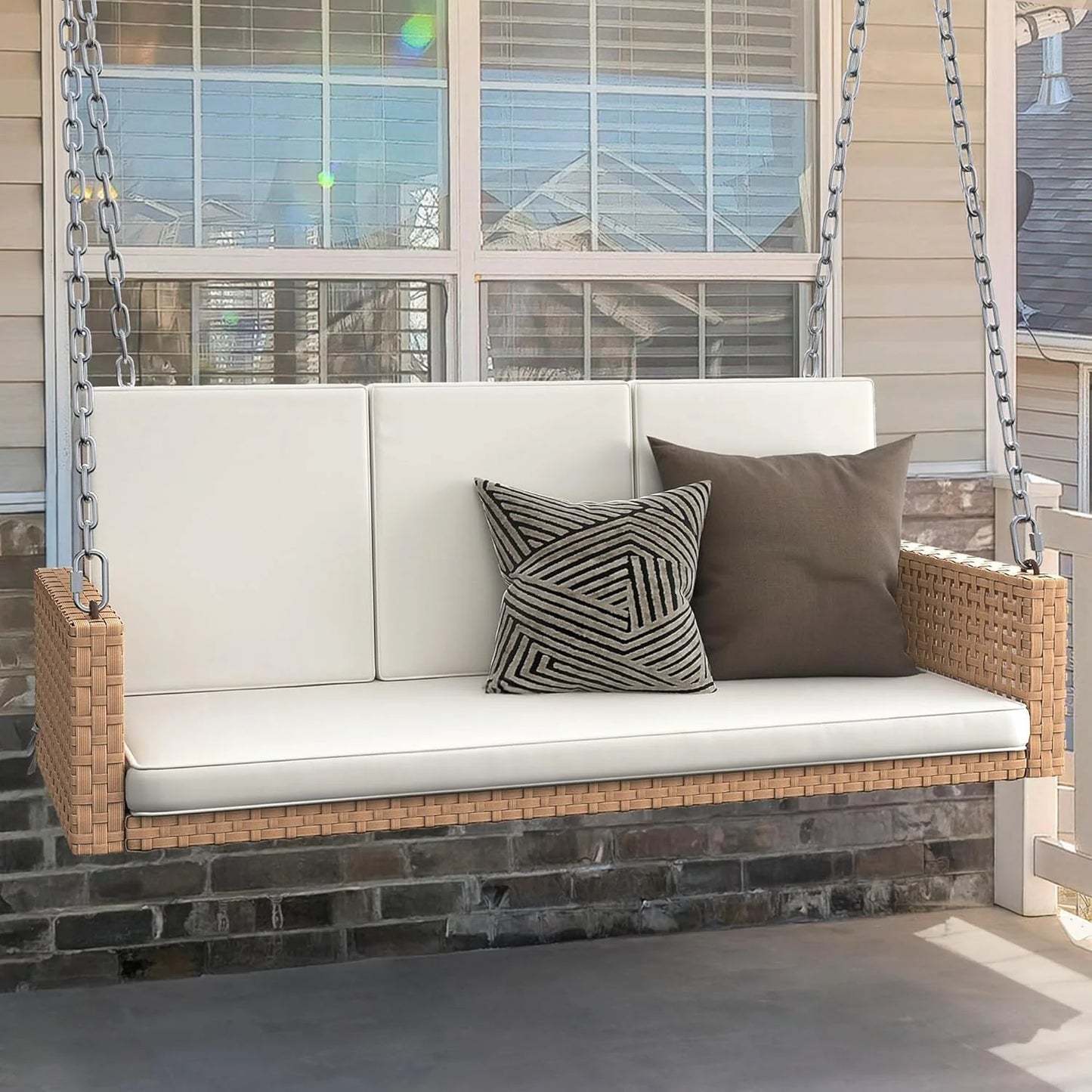 YITAHOME Hanging Porch Swing Chair Sits 3 People, Wicker Outdoor Swing Bench, Patio Lounge Chair, 1 Seating Cushion and 3 Back Cushions, w/Removable Covers, for Garden, Balcony, Backyard, Brown