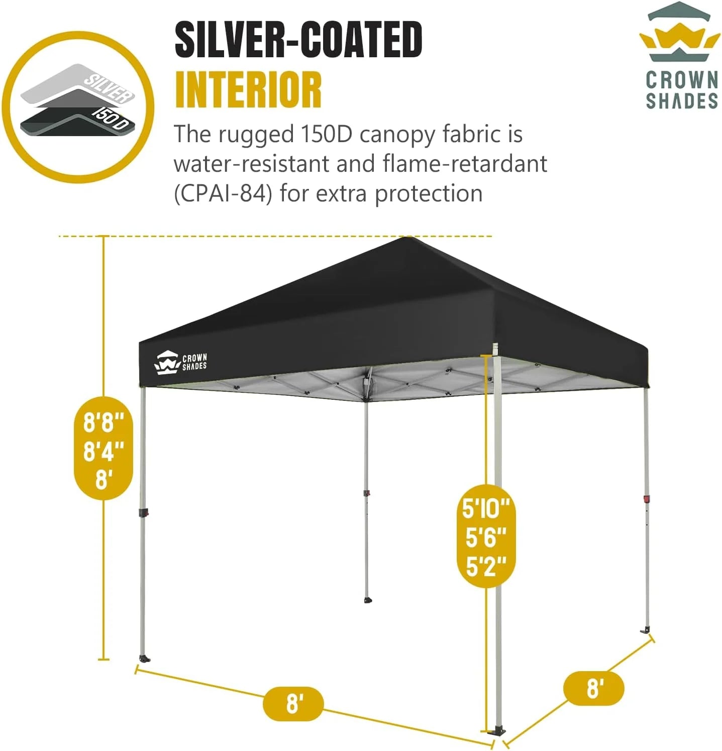 10x10 Pop-Up Awning - One-Click Installation Beach Tent - Outdoor Sunshade Silver Coated Top, 3 Heights and 4 Sand Pockets