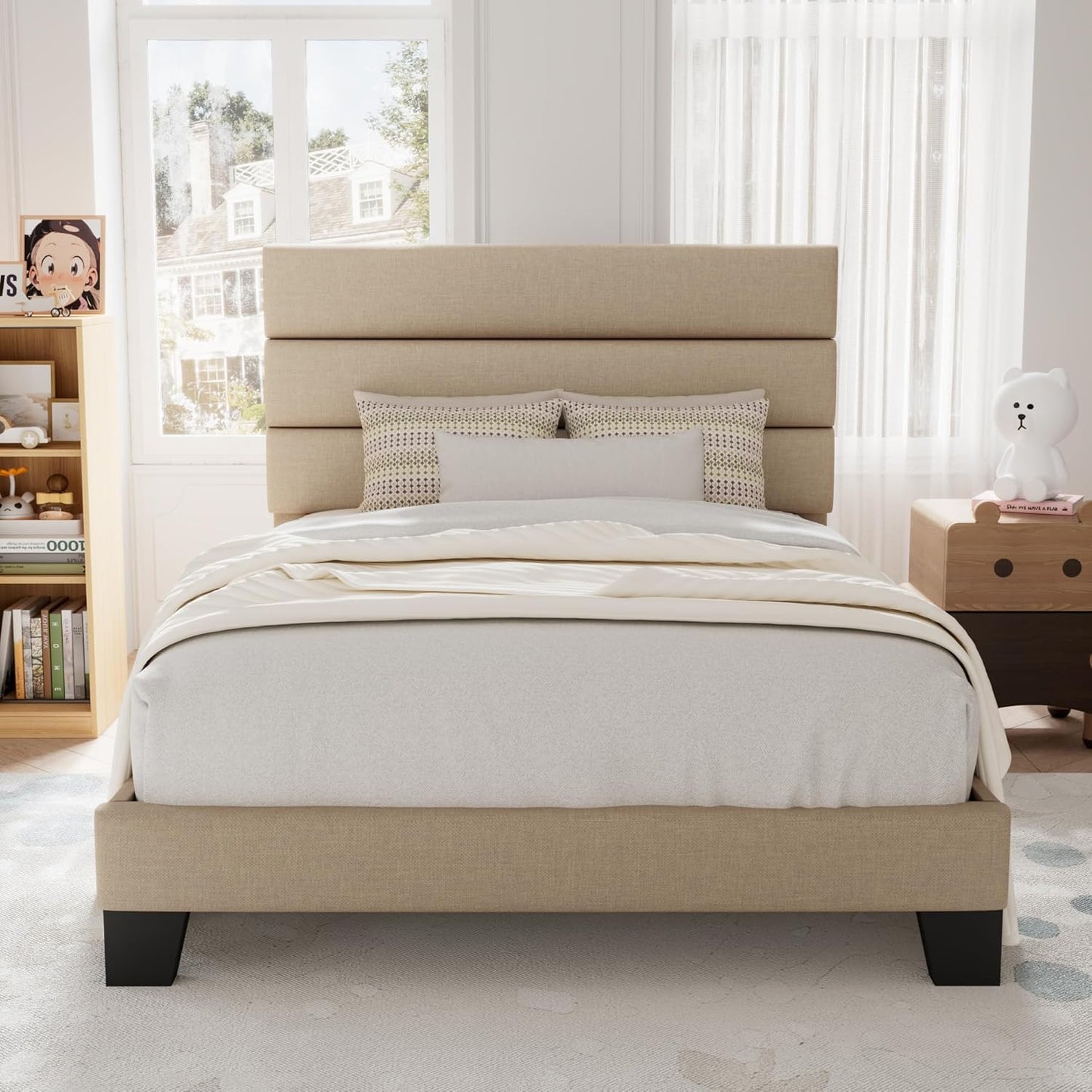 Allewie Queen Size Platform Bed Frame with Fabric Upholstered Headboard and Wooden Slats Support, Fully Upholstered Mattress Foundation/No Box Spring Needed