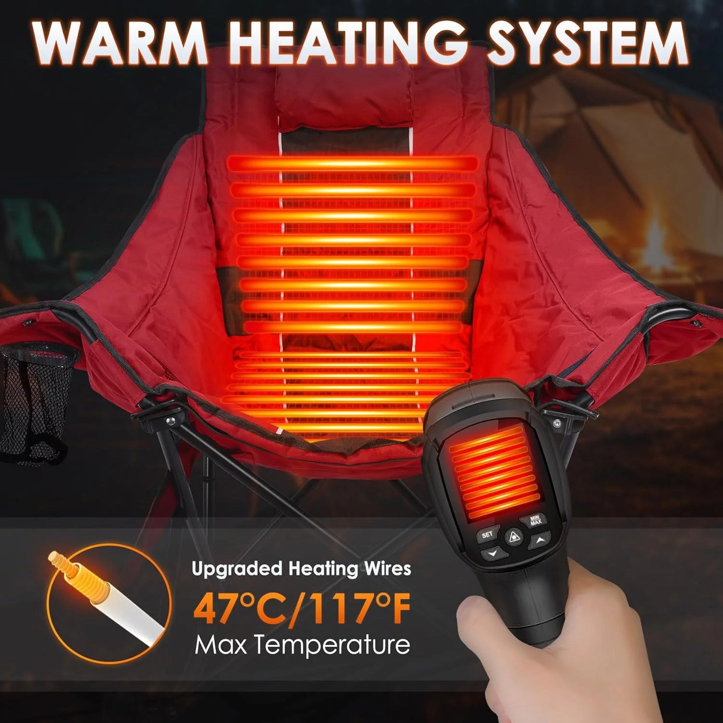Heated Camping Chair, Extra Large Heated Chair Outdoor Sports Chair with 3 Heat Levels on Back and Seat, Portable Folding Heated Outdoor Chair (Batteries Not Included)