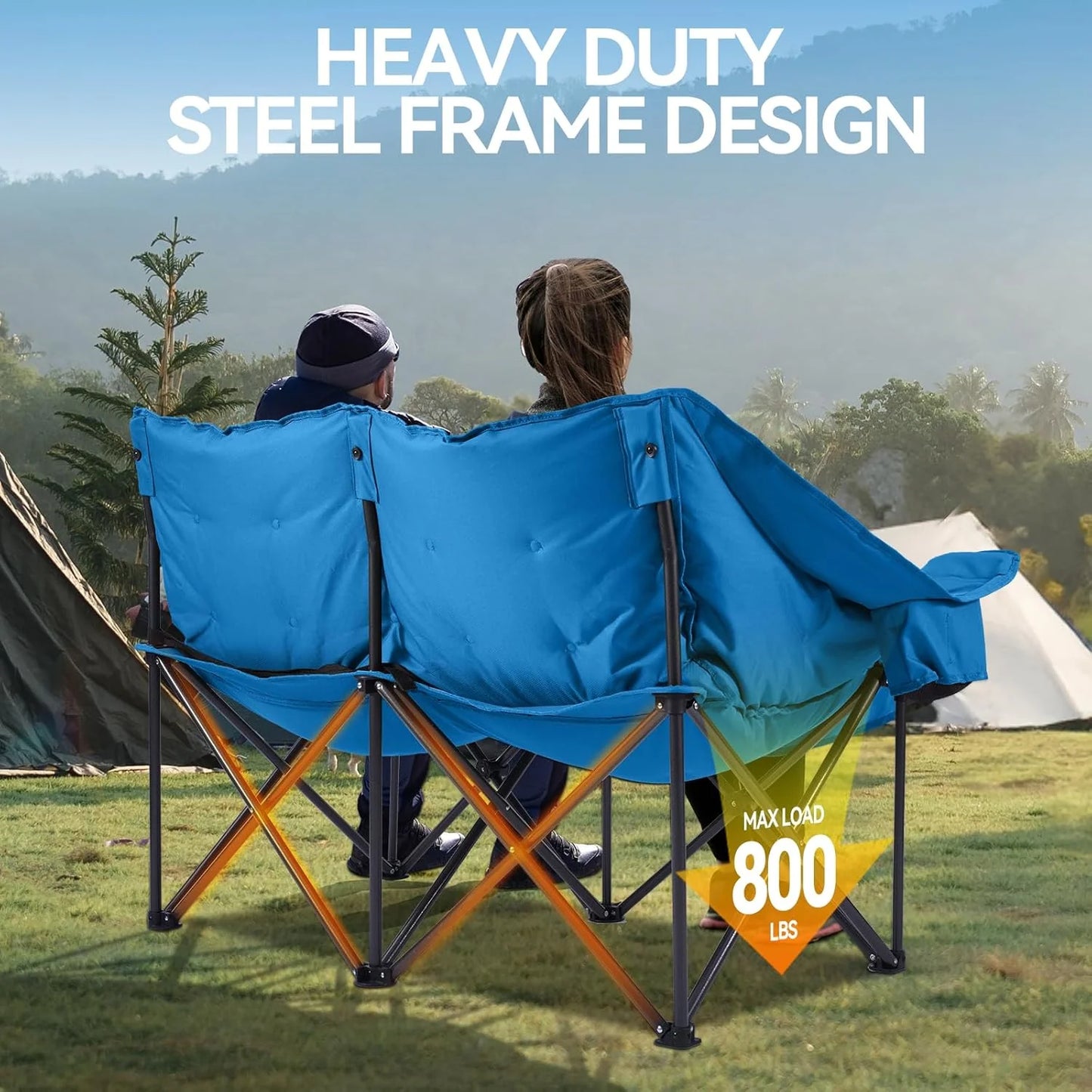 Camping Chair Upholstered Loveseat - Heavy Duty Extra Large Camping Sofa Portable Folding Sofa with Cup Holder and Carry Bag