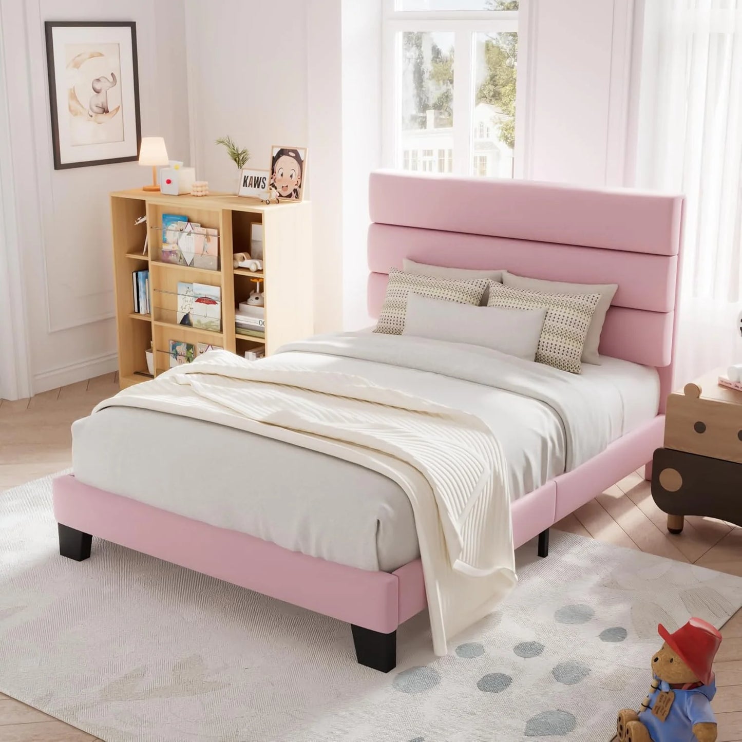 Allewie Queen Size Platform Bed Frame with Fabric Upholstered Headboard and Wooden Slats Support, Fully Upholstered Mattress Foundation/No Box Spring Needed
